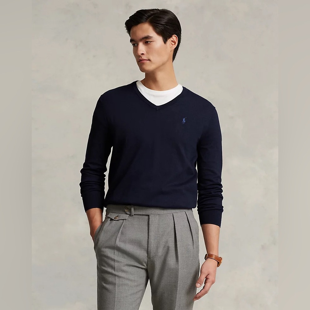Polo Ralph Lauren Slim Fit Cotton V-Neck Sweater Medium Blue